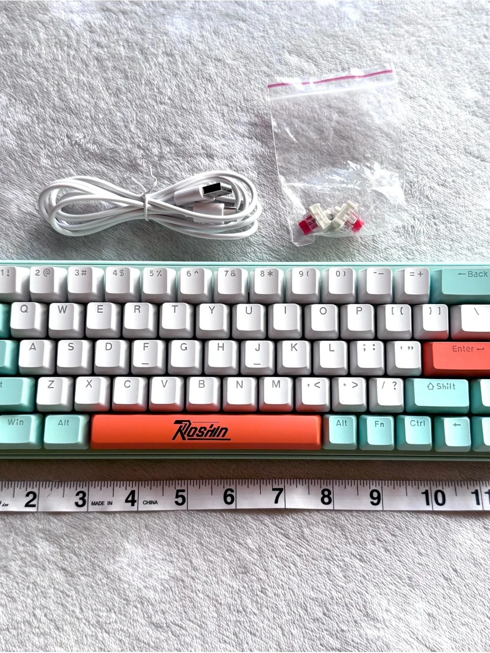 White and Mint 60% Mechanical Keyboard with Coral Accent